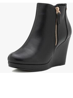 Black Women's Trendy Wedge Closed Round Toe Double Zippers High Heel Ankle Boots